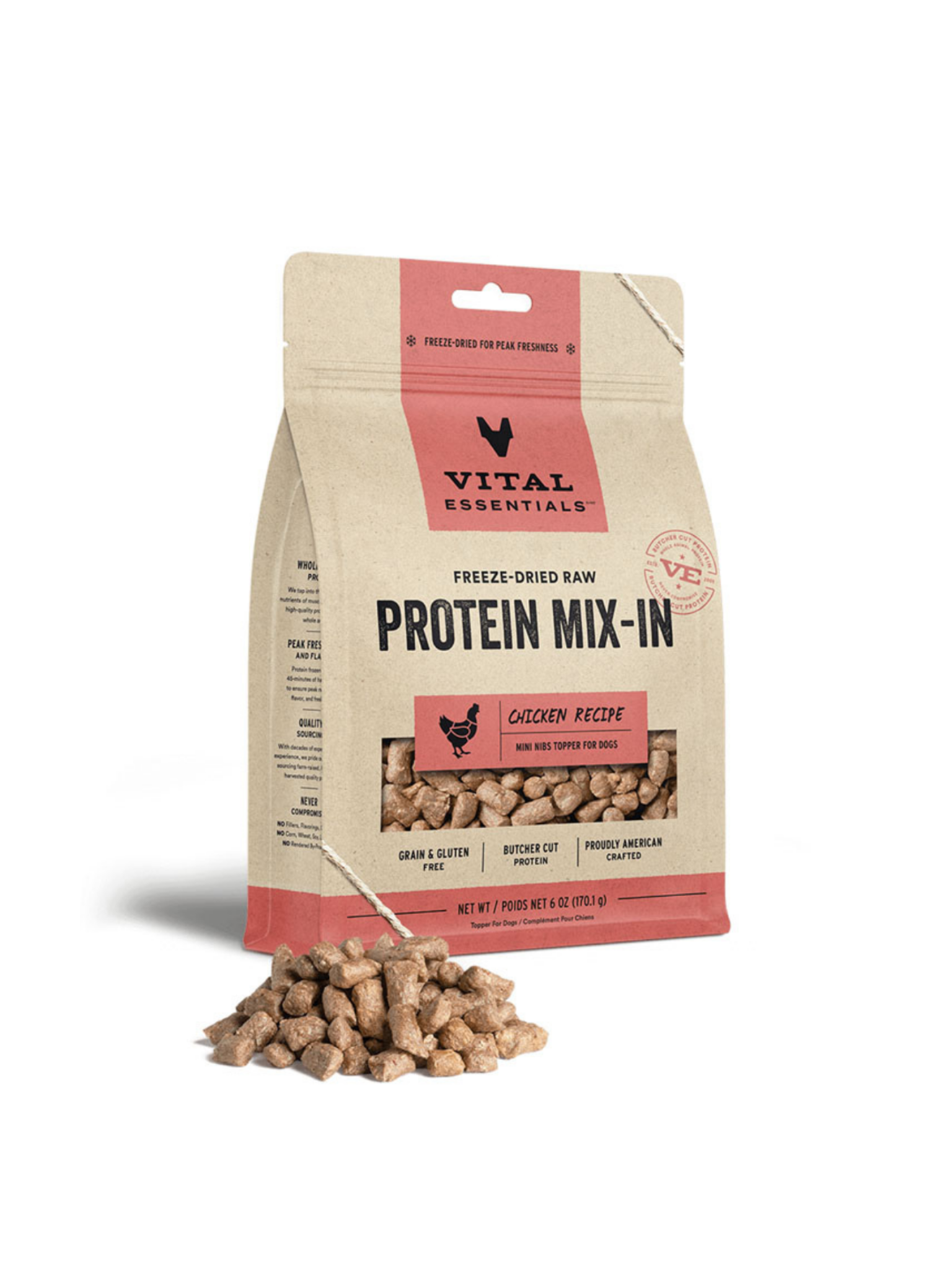 VE - Poulet lyophilisé MIX-IN 6oz. Bêtes Gourmandes, boutique spécialisée alimentation, éducation et sports pour chiens à Québec.