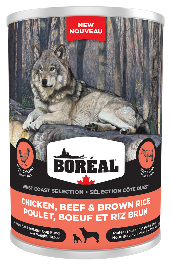 Boréal, nourriture humide pour chien au oulet, boeuf et riz brun. Boutique Bêtes Gourmandes, Ville de Québec.