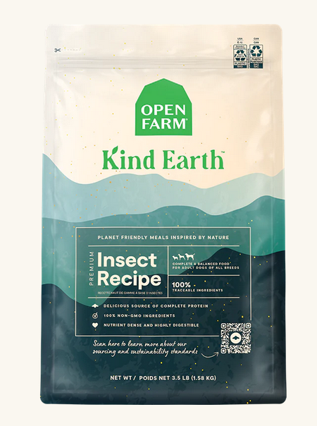 Open Farm, Kind Earth, recette larve de mouche soldat noir, hypoallergène pour chien. Boutique Bêtes Gourmandes, Ville de Québec.