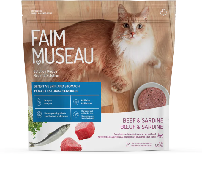 FAIM MUSEAU - Boeuf et sardine. Alimentation saine pour votre chat. Boutique Bêtes Gourmandes, Ville de Québec.